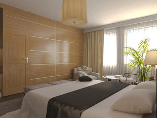3D illustration of design of a bathroom in brown and beige color