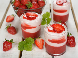 Dessert with strawberry jelly and whipped cream