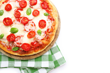 Delicious pizza with cheese and cherry tomatoes isolated on white
