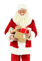 Santa Claus with gift boxes isolated on white background