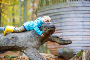 Little kid boy having fun on autumn playground