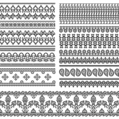 Indian Henna Border decoration elements patterns in black and white colors. Popular ethnic border in one mega pack set collections. Vector illustrations.Could be used as divider, frame, etc