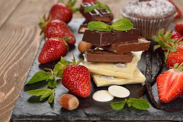 Chocolate, strawberries and mint