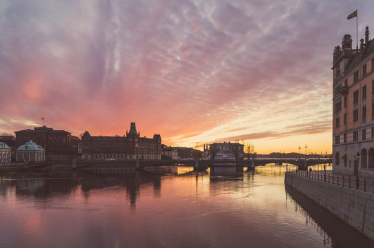 Sunset over Old town of Stockholm, Sweden