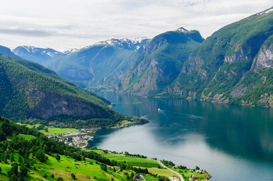 Summer view at Aurland town on the shore of Aurlandsfjord, Norwa