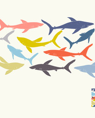 Template poster design with hand-drawn sharks silhouettes.