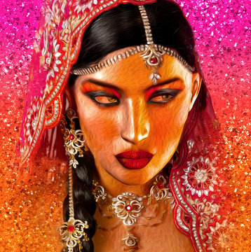 Abstract digital art of Indian or Asian woman's face, close up with colorful veil. An oil paint effect and glowing lights are added for a more modern art look.