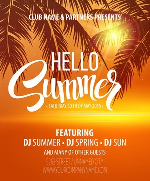 Hello Summer Beach Party Flyer. Vector Design