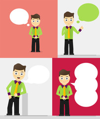 Fototapeta premium Set of young businessmen with speech bubbles. Talking, thinking
