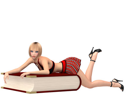 Cute girl in schoolgirl uniform lies on big book