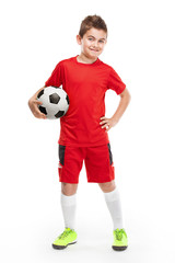Fototapeta na wymiar standing young soccer player holding football
