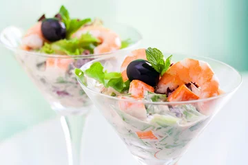 Zelfklevend Fotobehang Macro close up of langoustine and crab cocktail salad. © karelnoppe