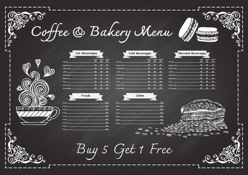 Hand drawn coffee and bakery menu on chalkboard