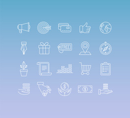 Vector set of 20 icons and sign in mono line style
