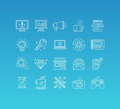 Vector set of 20 icons and sign in mono line style