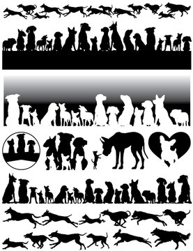 Editable vector silhouette of dogs running or standing
