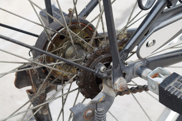 Fototapeta na wymiar Close up Dirty Parts of the bike, Bicycle rear wheel Part