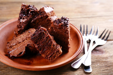 Tasty chocolate cake on table, close-up