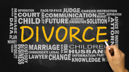 divorce with related word cloud handwritten on blackboard