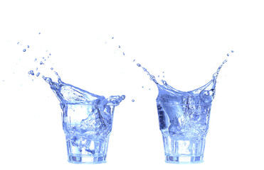 collage Glass of water, ice and slice of fresh lemon on a white background