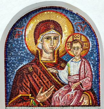 Virgin Mary - mosaic icon, rocky Orthodox Christian monastery