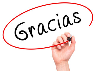 Man Hand writing Gracias with marker.