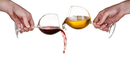 Hand wine splash in glass isolated on white