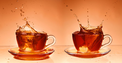 collage Cup of tea on glass with orange background