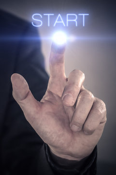 Man finger connecting to virtual touch screen
