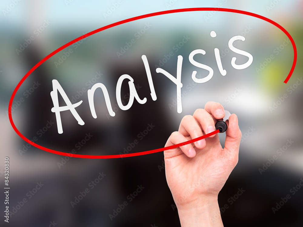 Poster man hand writing analysis with marker on visual screen