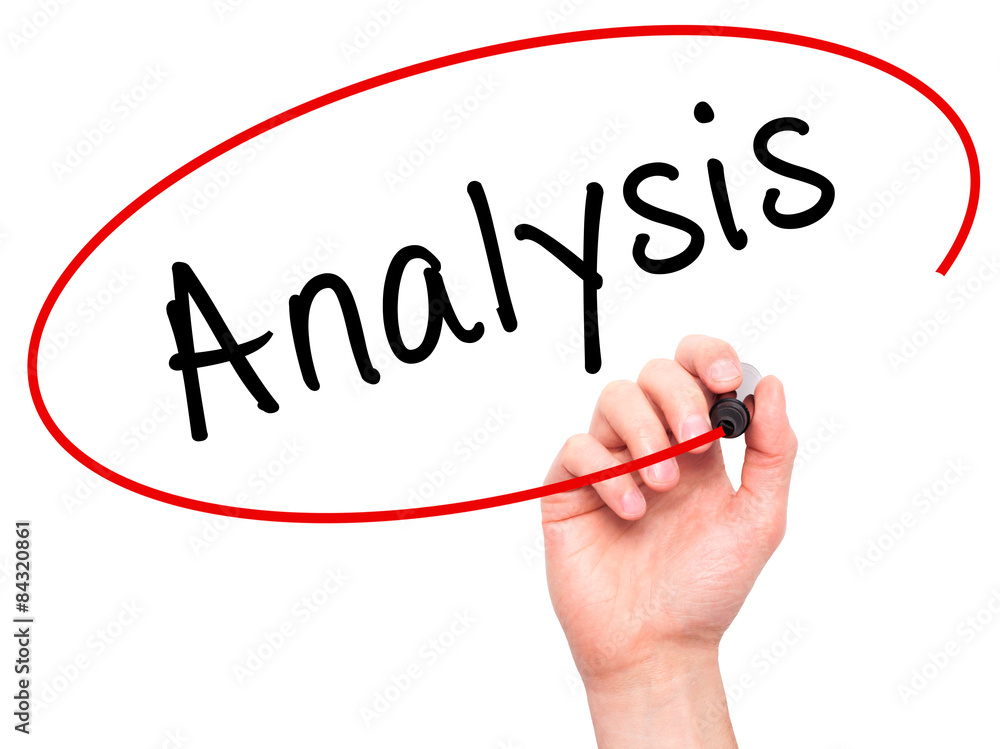 Poster man hand writing analysis with marker on visual screen