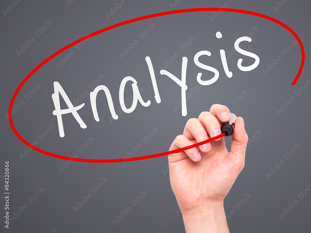 Poster man hand writing analysis with marker on visual screen