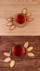 Cup of tea and cookies on wooden background top view