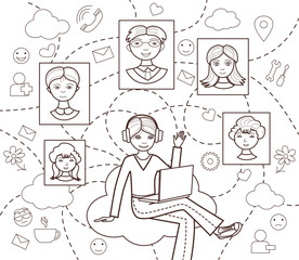 social network (vector illustration, coloring book)