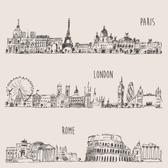 Naklejka premium City Set London, Paris, Rome Engraved Illustration
