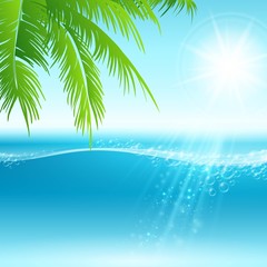 Fototapeta na wymiar Summer holidays vector background with palm leaves and sea