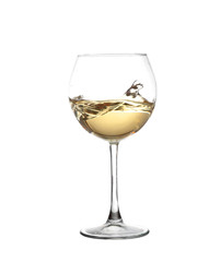 WHITE wine swirling in a goblet wine glass, isolated on a white