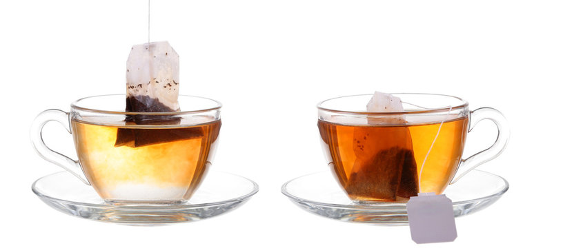 Glass of Tea with Bag End. Isolated on white background, with cl