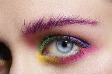 Close up on eyes , making colorful eyeshadows and eyeliner