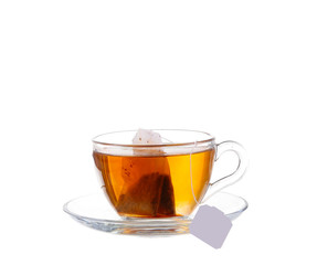 Glass of Tea with Bag End. Isolated on white background, with clipping path