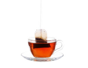 Glass of Tea with Bag End. Isolated on white background, with clipping path