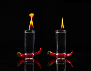 collage Hot chili pepper in a shot glass with a fire on a black background