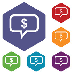 Dollar message hexagon icon set