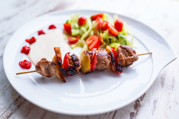 Grilled duck shashlik with salad on the plate