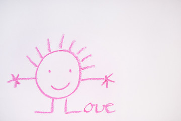 Love: Childish drawing, pink on white background.