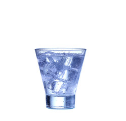 Glass of water, ice and slice of fresh lemon on a white background