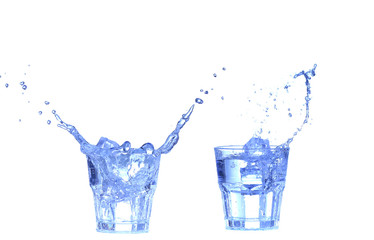 Collage Glass of water, ice and slice of fresh lemon on a white background