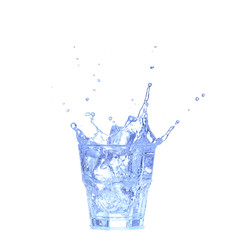 Glass of water, ice and slice of fresh lemon on a white background