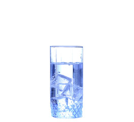 Glass of water, ice and slice of fresh lemon on a white background