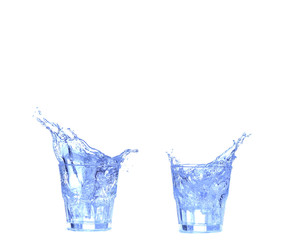 Collage Glass of water, ice and slice of fresh lemon on a white background